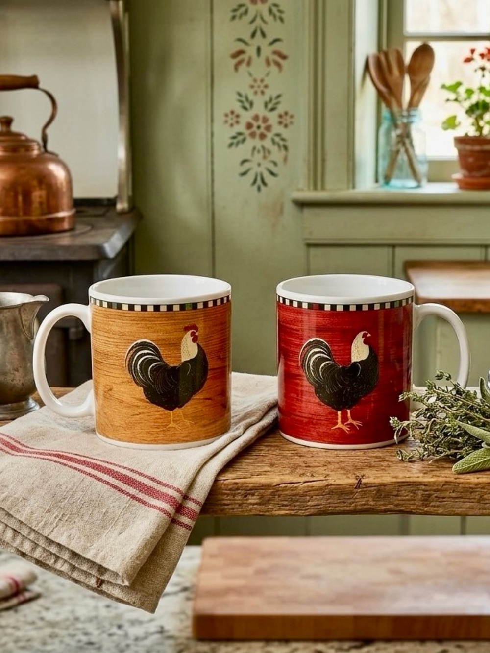 Farmhouse Rooster Ceramic Mugs - Red and Brown/Gold. Set of 2. Brand New.